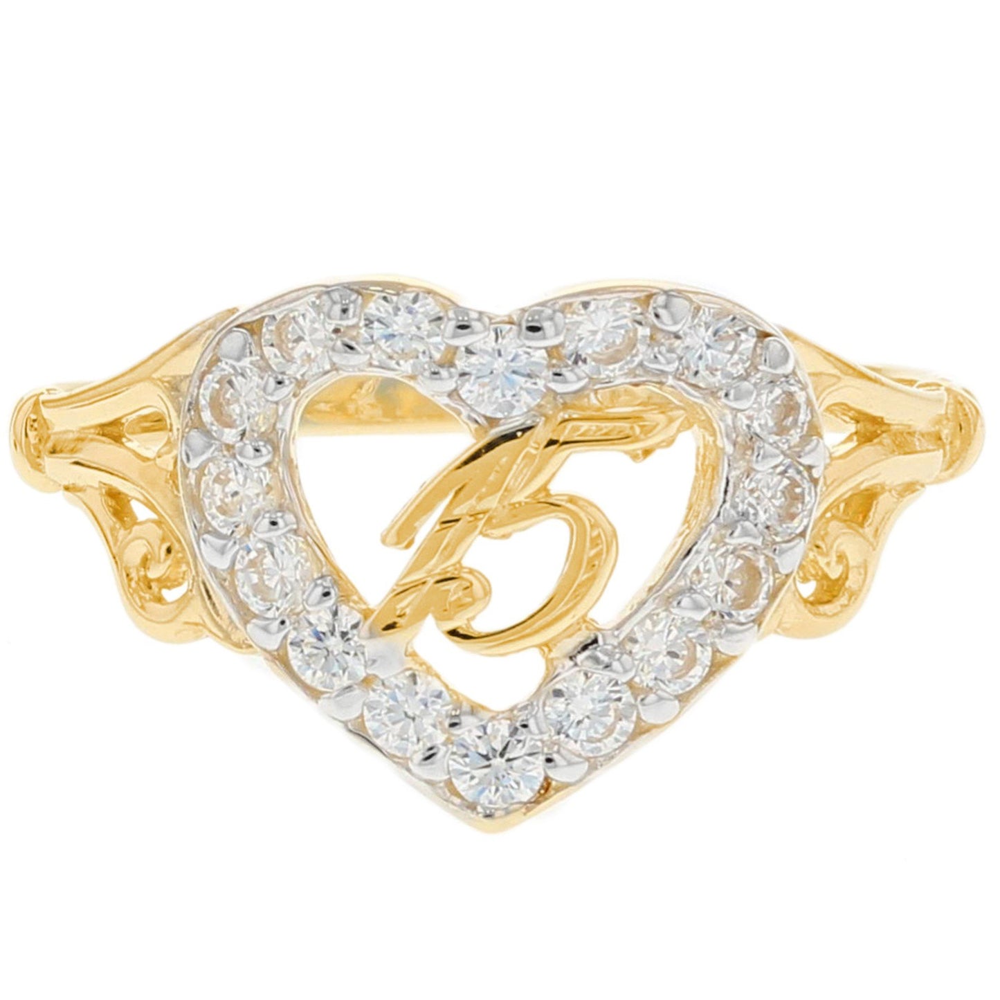 Gold White CZ Womens Heart Quince Años Ring (JackAni# R2781)