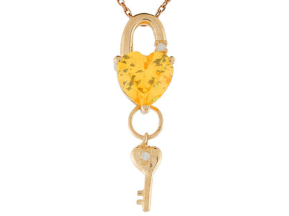 Gold Heart Cut Ladies Lock and Key Birthstone Pendant (JackAni# P9557)