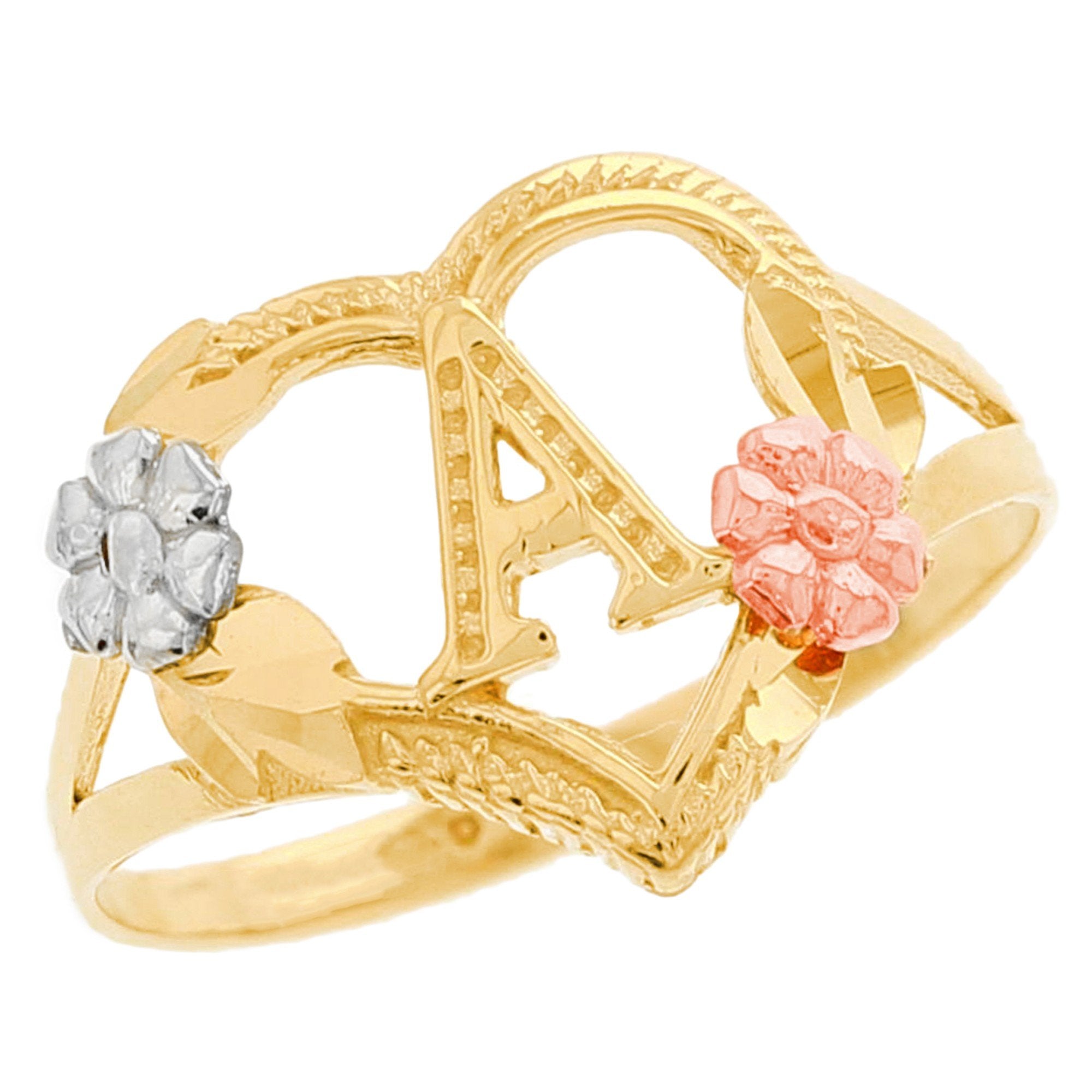 Heart Shaped Initial A to Z Ring with Flower Accents (JackAni# R12358)