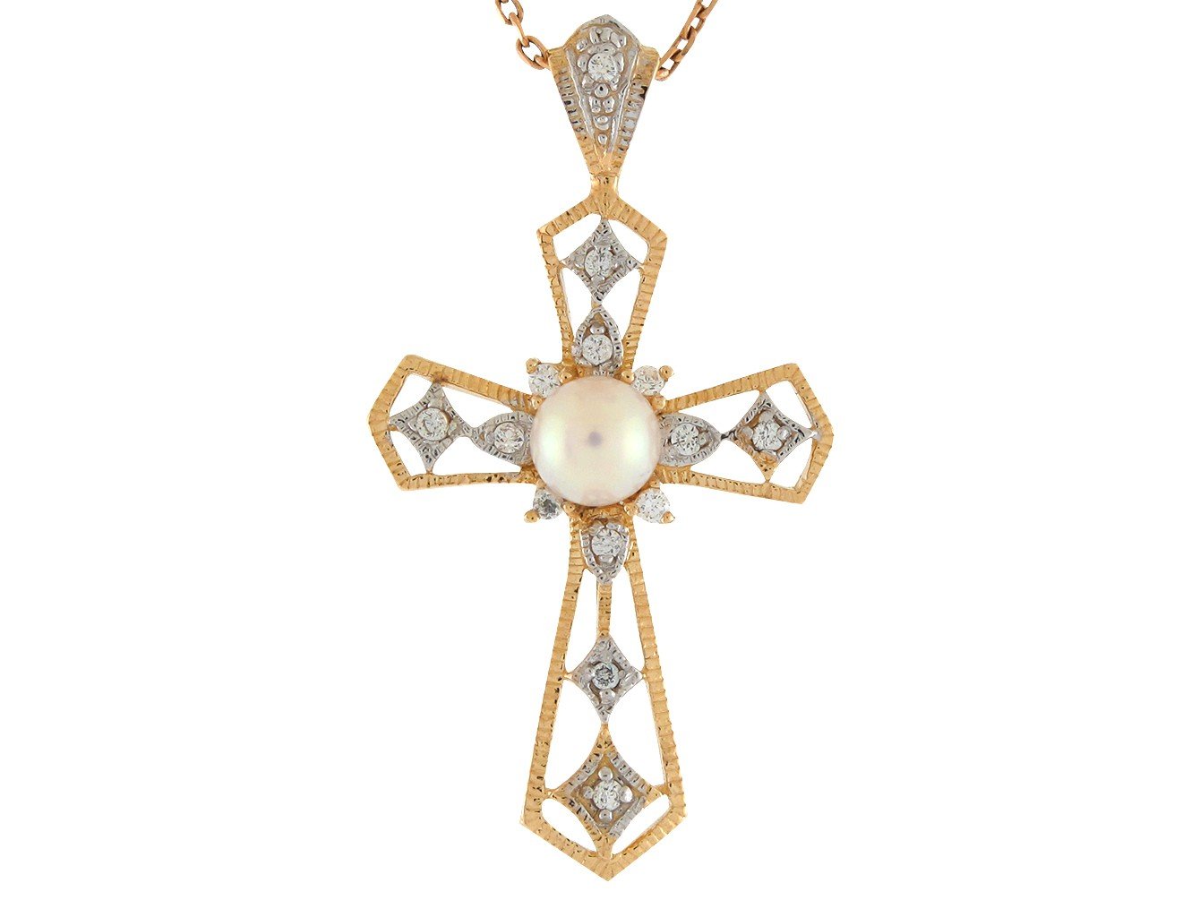 Gold White Pearl Womens Diamond Religious Cross Pendant (JackAni# P9564)