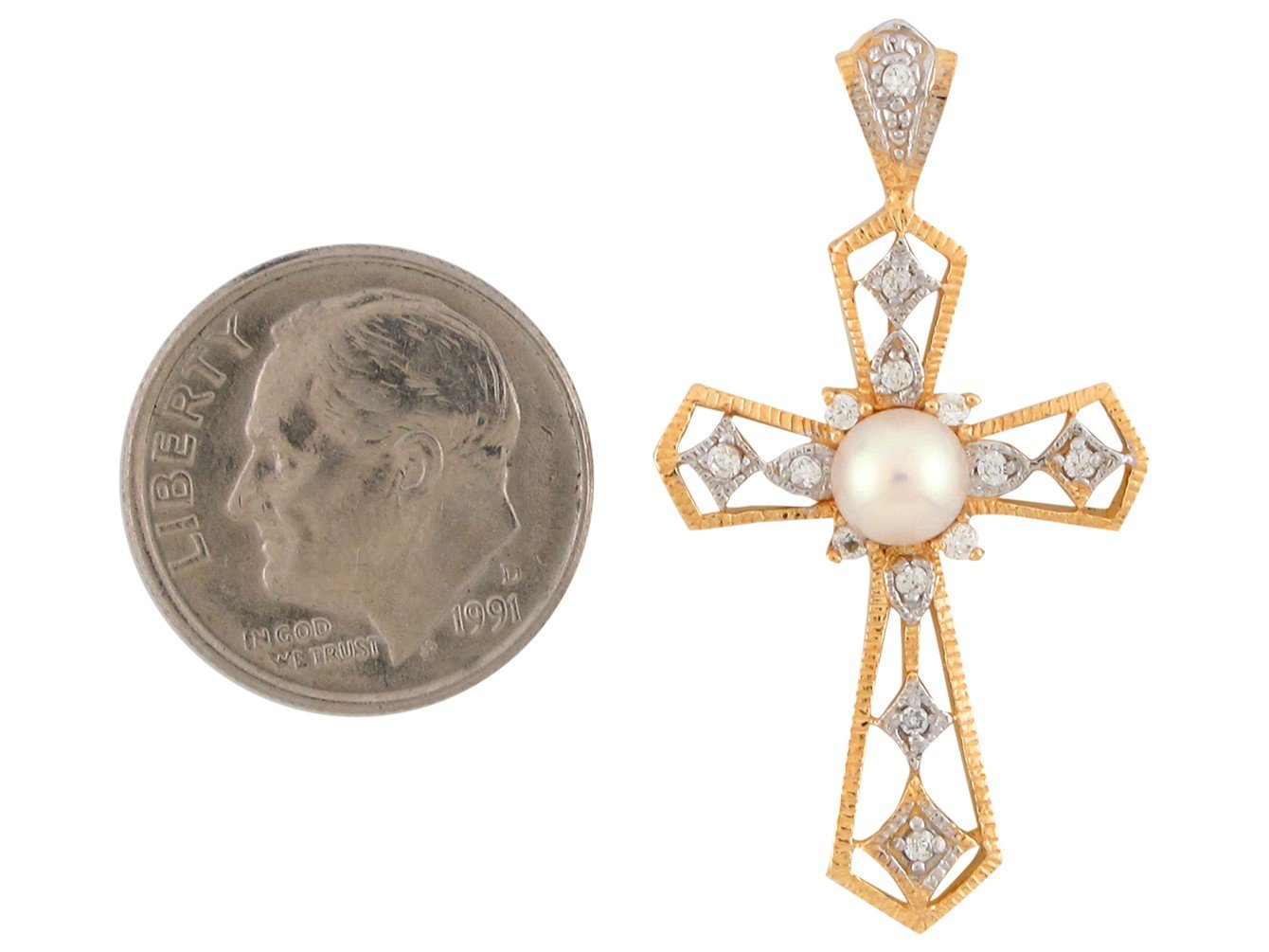 Gold White Pearl Womens Diamond Religious Cross Pendant (JackAni# P9564)