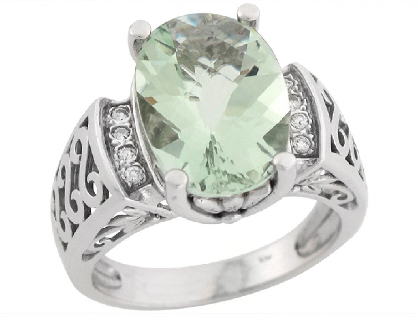 Green Amethyst Diamond Accent Lovely Scroll Band Ladies Ring (JackAni# R1667)