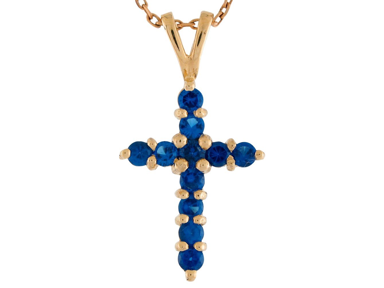 Gold Blue Sapphire Womens Religious Birthstone September Cross Pendant (JackAni# P9609)