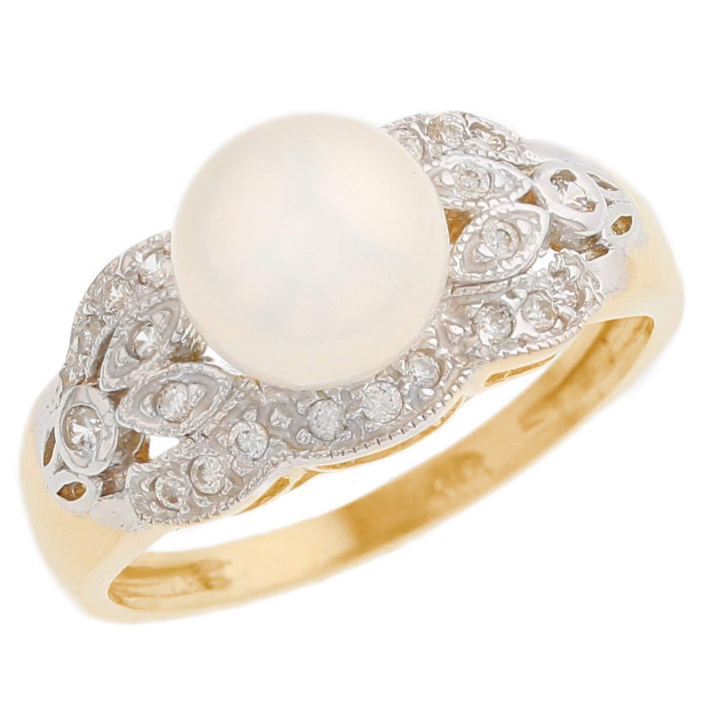 Gold CZ & Cultured Pearl Leaf Unique Elegant Vintage Ring (JackAni# R2834)