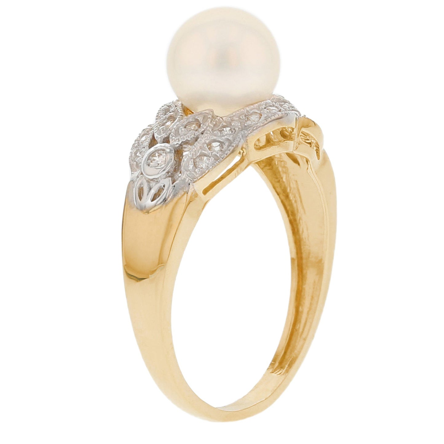 Gold CZ & Cultured Pearl Leaf Unique Elegant Vintage Ring (JackAni# R2834)